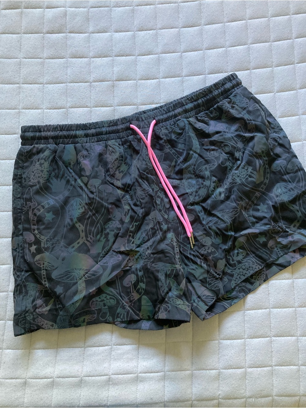 Men’s Black Swim Shorts with Pink Drawstring and Mushroom Hippie Design